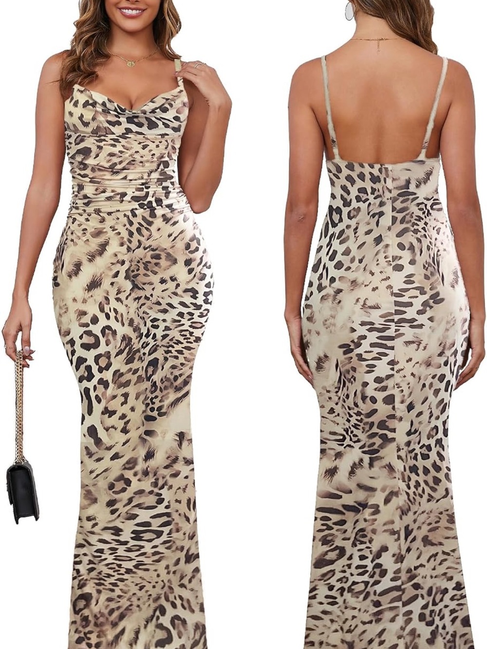 Leopard Print Spaghetti Strap Maxi Dress - Beige